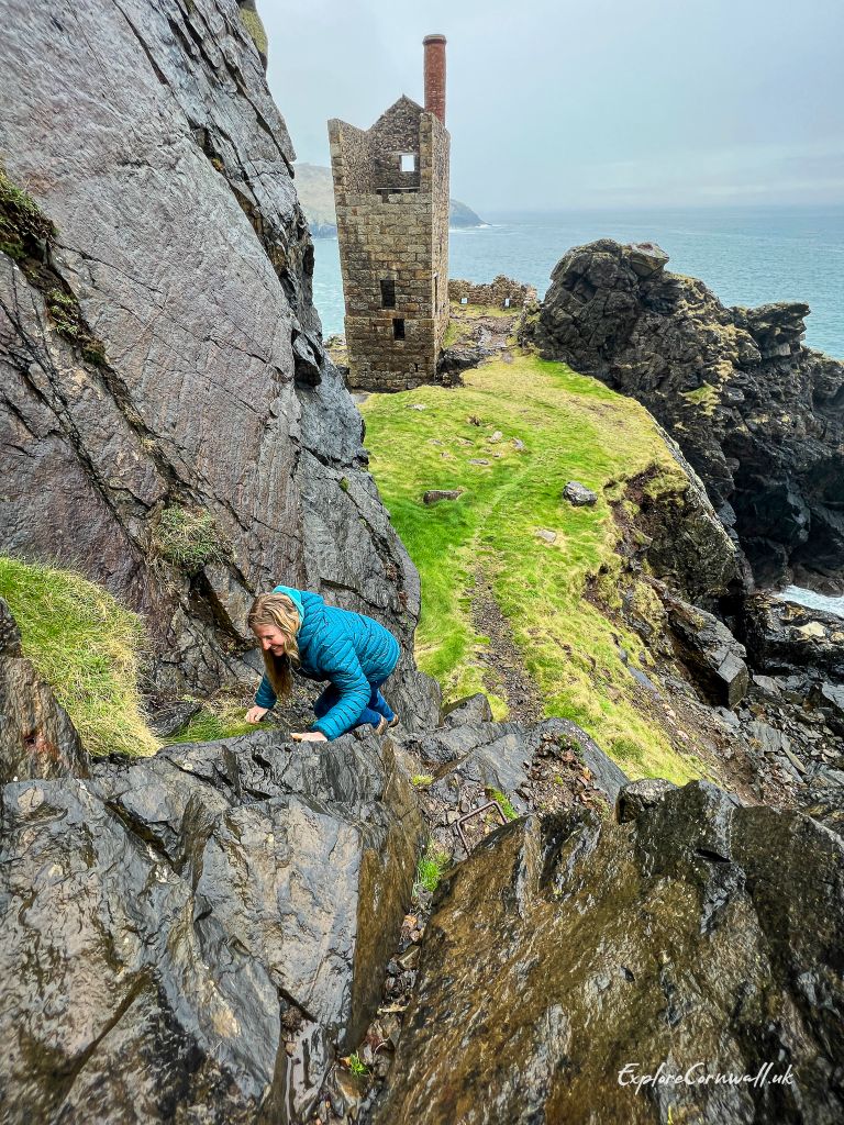 Climbing down to the lower engine house at Botallack