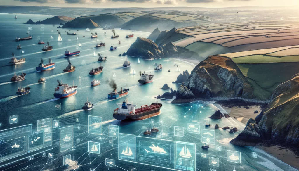 A landscape image featuring the rugged coast of Cornwall with a diverse array of ships and boats, including cargo vessels, tankers, passenger vessels,