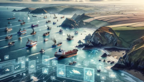 A landscape image featuring the rugged coast of Cornwall with a diverse array of ships and boats, including cargo vessels, tankers, passenger vessels,